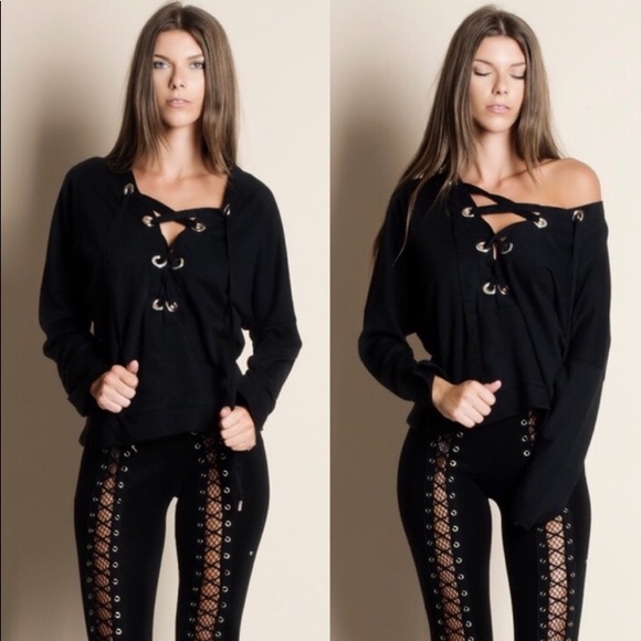 Active USA Sweaters - Plunge Lace Up Top